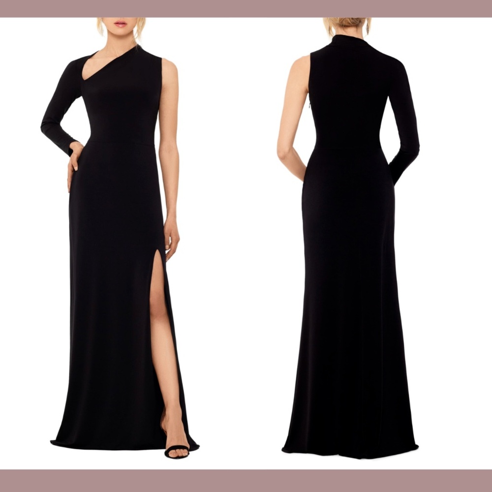 NWT $199‎ Betsy & Adam [ 6 ] One Shoulder Single Long Sleeve Gown Black